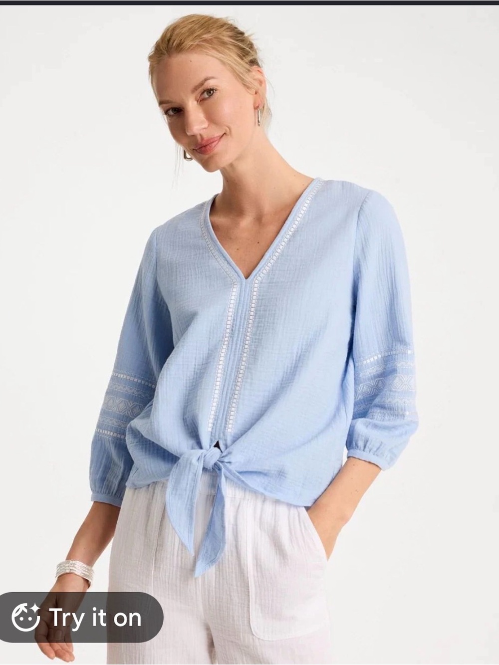 Chico's Pale Blue Embroidered V-Neck Tie-Front Tunic